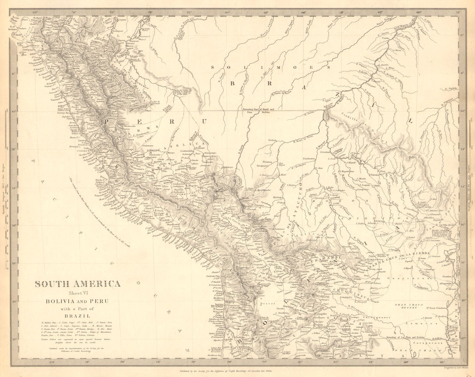 BOLIVIA AND PERU. with a part of Brazil. Indian tribes. SDUK 1848 old map
